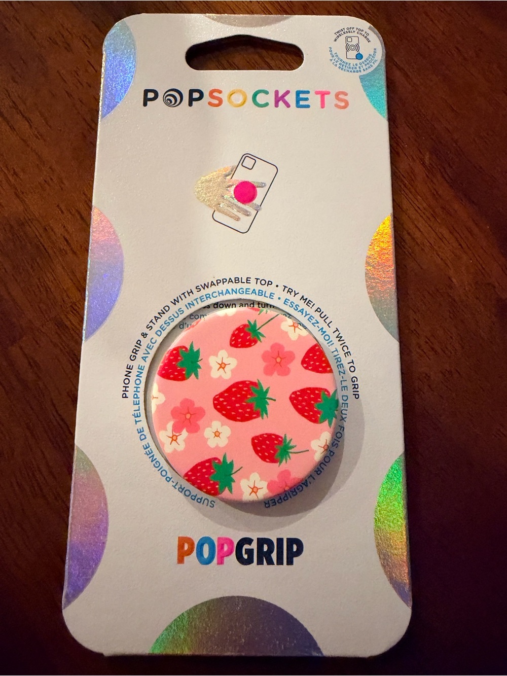 PopSocket PopGrip Phone Grip - Pink with Red Strawberry Pattern